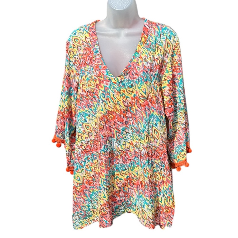 UNCLE FRANK Women Sz M Multi Geometric Pom Pom Bell Sleeves Tunic Cover Up Top.‎